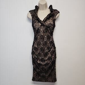Xscape Black Lace Bodycon Midi Dress Size 4 Ruffle Neck Cap Sleeve Ruched Gothic